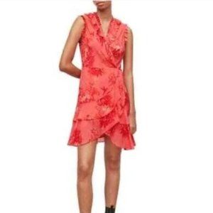 All Saints Ari Floral Print Wrap Dress in Orange Size 8 Viscose Birds Ruffles